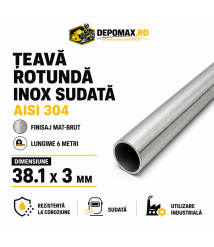 Teava rotunda inox sudata AISI 304, 38.1 x 3 mm, 6 metri Teava rotunda inox sudata AISI 304, 38.1 x 3 mm, 6 metri